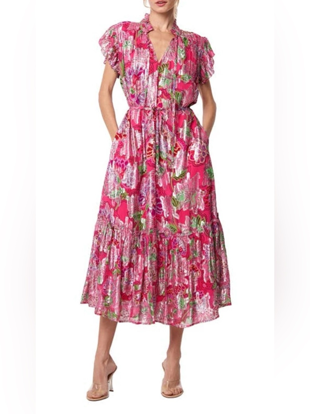 Ceibon Hilma Metallic Pink Midi Dress Size S Floral Colorful Silver Pockets